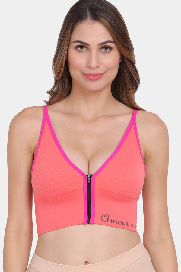 Amour Secret Women's Removable Lightly Padded Front Zipper Open Sports Bra S638N